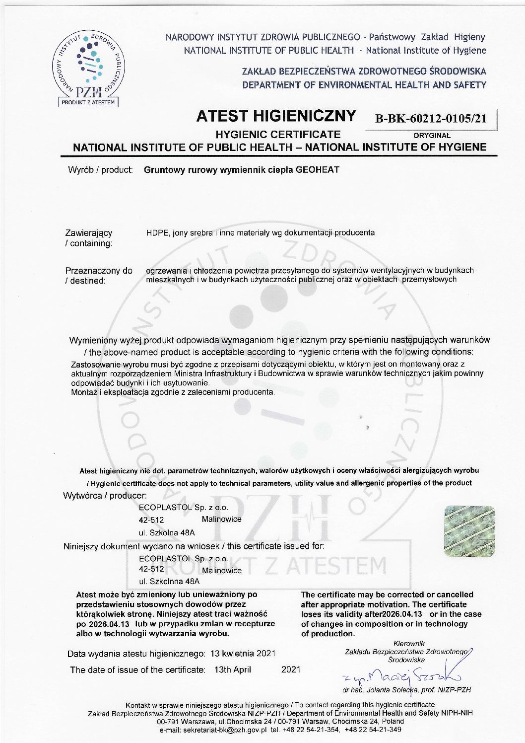 Hygienic certificate GeoHeat